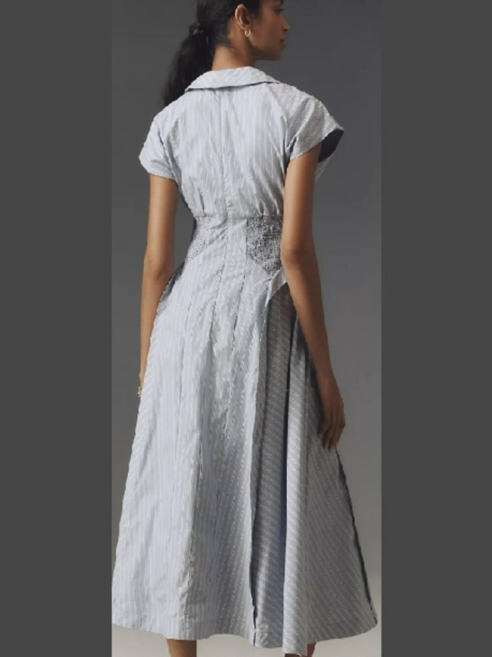 Anthropologie Short-Sleeve V-Neck Pleated Blue White Stripe Midi Dress Sz XS - Picture 4 of 17